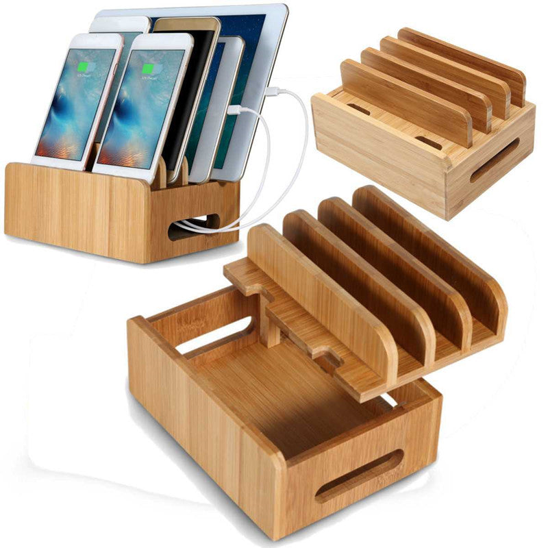 Mobile Phone Charging Storage Box Wooden Charging Dock Station for Mobile Phone Holder Stand Bamboo Charger Stand Base For Tablets For iphone - as shown