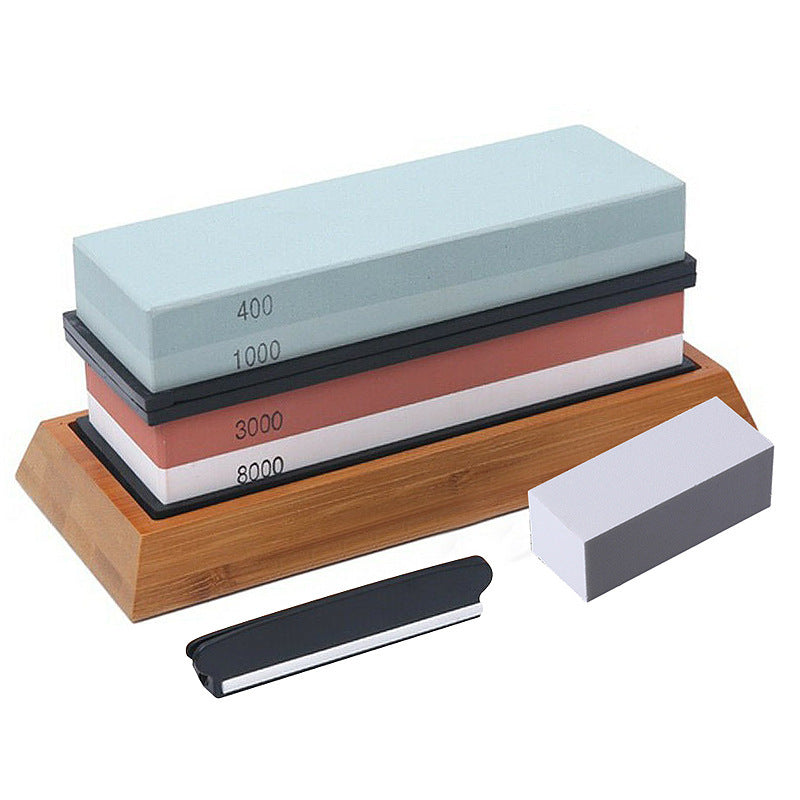 Kitchen Dual-Sided Whetstone Sharpener Set with Bamboo Base 400/1000 and 3000/8000 Grit Oil Stones