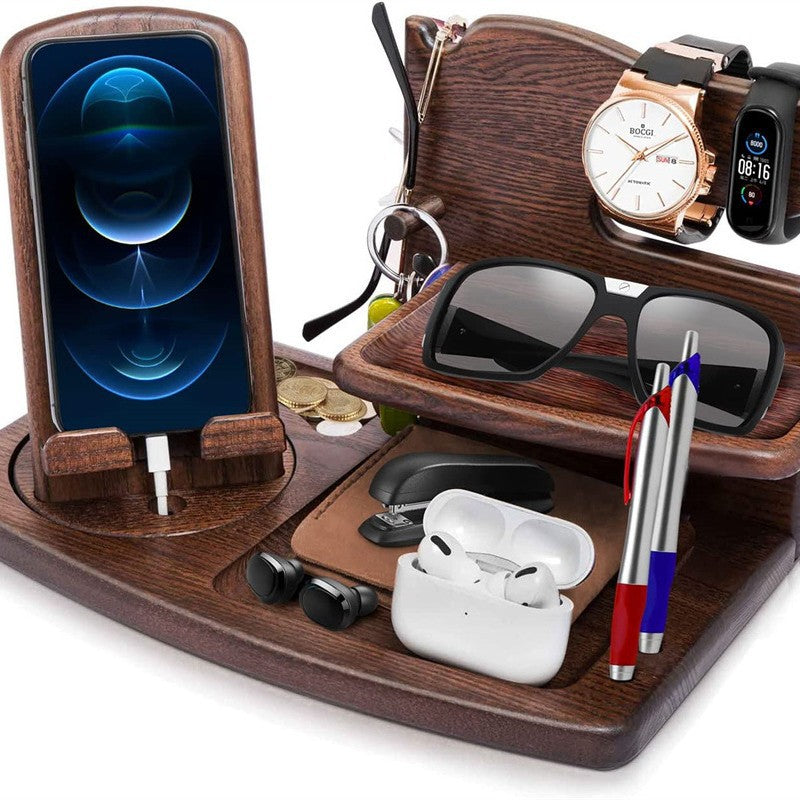 Creative Solid Wood Multi-functional Phone Stand with Charging Function, Office Desk Pine Wood Earphone and Small Item Organizer - Pine Wood 28*17.5*18.5