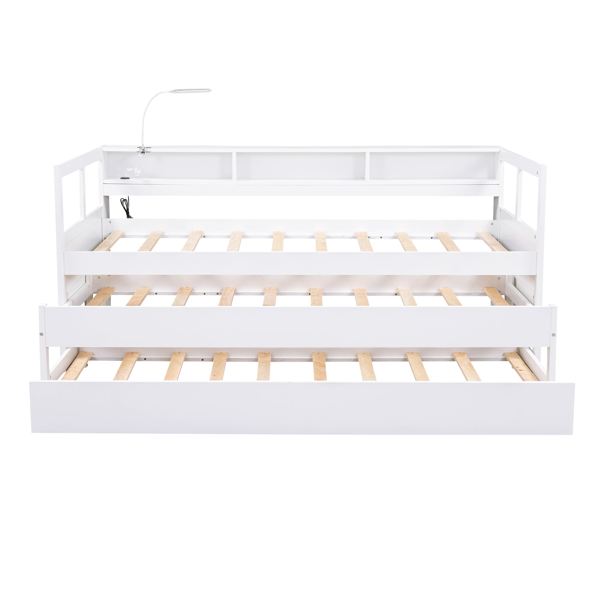 Twin XL Wood Daybed with 2 Trundles, 3 Storage Cubbies, 1 Light for Free and USB Charging Design, White