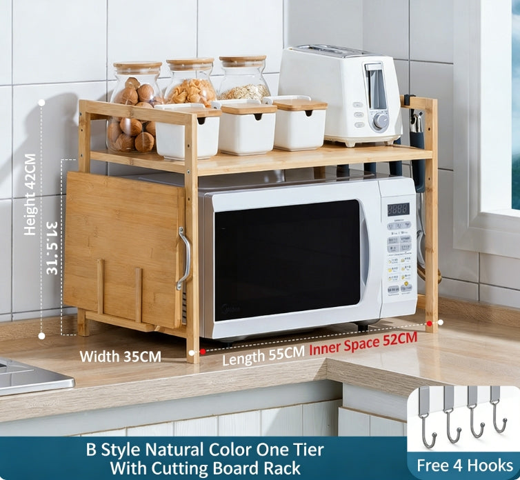 Kitchen Storage Rack Double-Layer Countertop Microwave Oven Shelf Desktop Seasoning Oven Organizer Bamboo Solid Wood - Single layer primary color