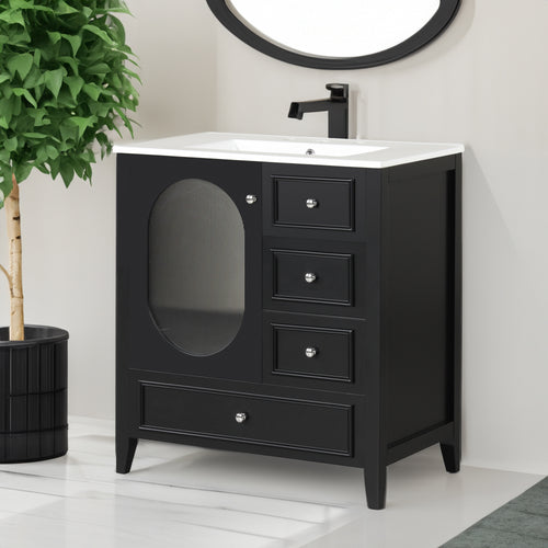 30" Bathroom Vanity with Sink, Bathroom Vanity Cabinet with Three Drawers and Door, Solid Wood and MDF, Black - Black + Solid Wood+MDF