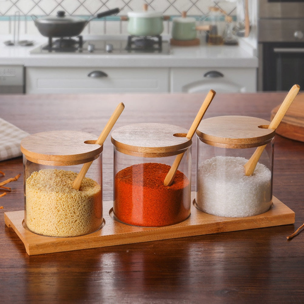 Spice Jars Kitchen Concise Clear Condiment Jars Storage Containers with Wooden Spoon Bamboo Lid