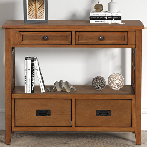 36'' Farmhouse Pine Wood Console Table Entry Sofa Table with 4 Drawers & 1 Storage Shelf (Brown) - Brown + Pine