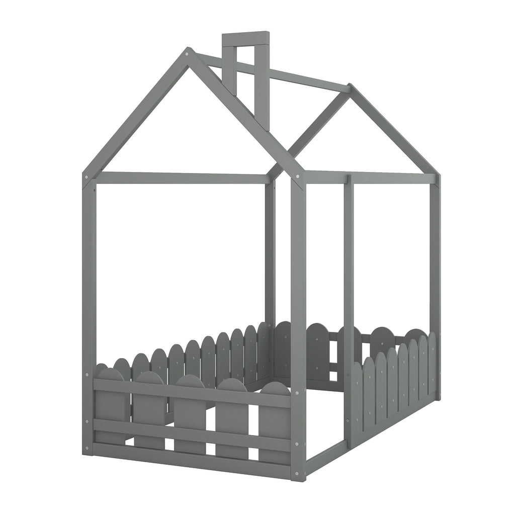 {Slats are not included}Twin Size Wood Bed House Bed Frame with Fence for Kids Teens Girls Boys {Gray}