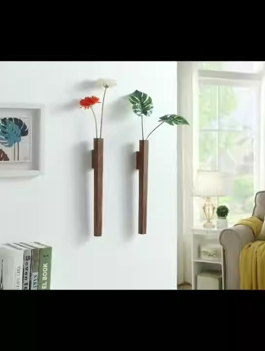 Creative Nordic light luxury solid wood foyer with wooden vase, wall decoration for living room, hanging Japanese walnut flower ware on the wall