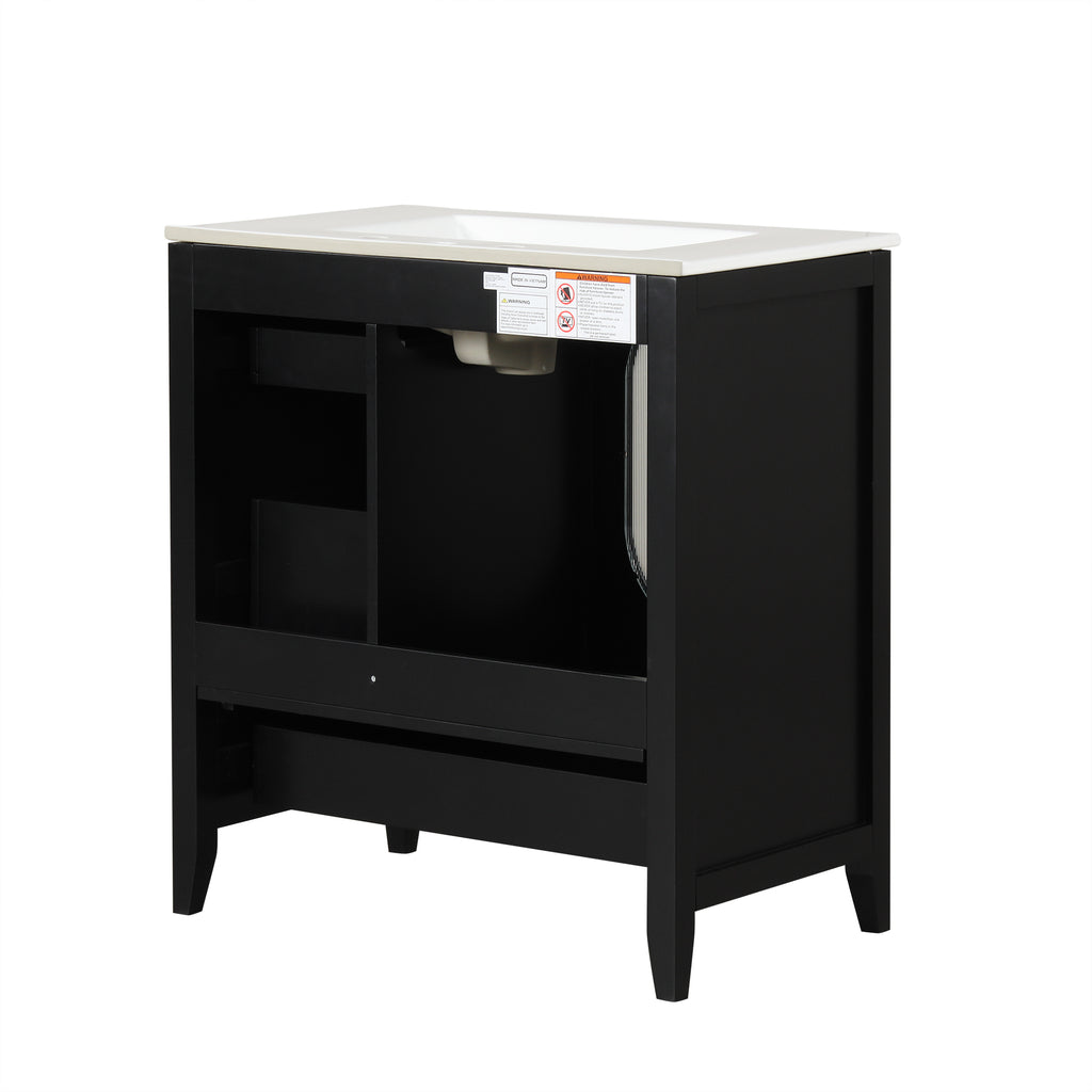 30" Bathroom Vanity with Sink, Bathroom Vanity Cabinet with Three Drawers and Door, Solid Wood and MDF, Black