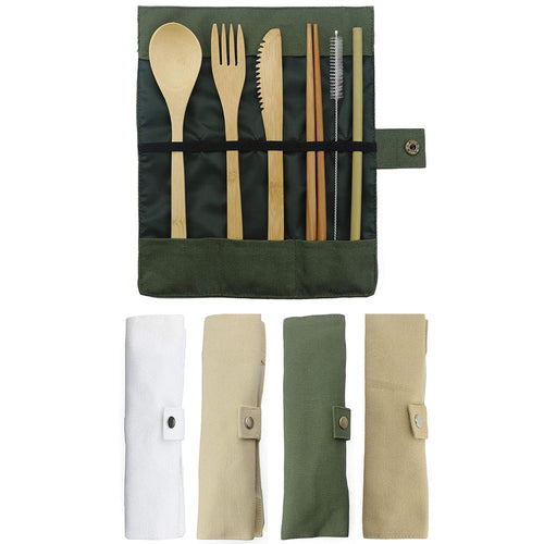 7-Piece Wooden Flatware Cutlery Set Bamboo Straw Dinnerware Set With Cloth Bag Knives Fork Spoon Chopsticks Travel Wholesale - Black