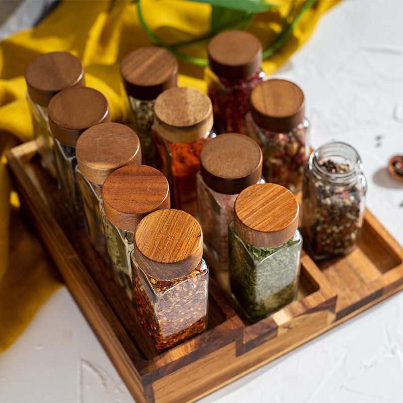 Acacia Wood Cover 120ml Square Glass Seasoning Jar 6Pcs