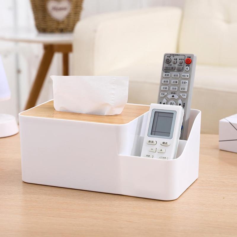 Multi-functional Plastic Tissue Box with Bamboo Wooden Cover Phone Slot Home Kitchen Napkin Case Holder Storage Decoration - B 342424.02