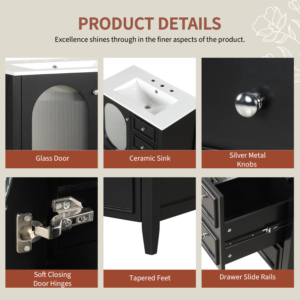 30" Bathroom Vanity with Sink, Bathroom Vanity Cabinet with Three Drawers and Door, Solid Wood and MDF, Black