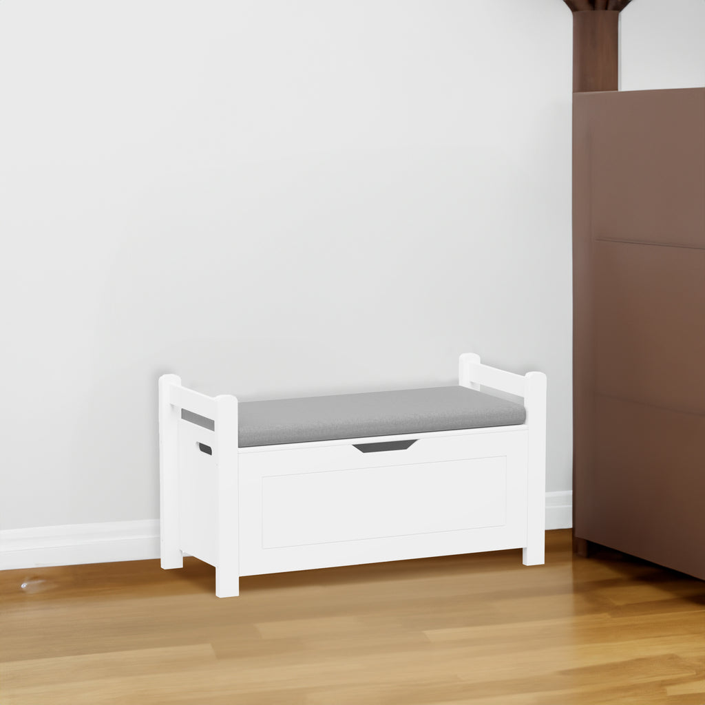 A white rubber wood children's toy box with soft cushioned seats, stools, flip covers, and safety hinges for toy storage - White +MDF
