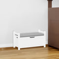 A white rubber wood children's toy box with soft cushioned seats, stools, flip covers, and safety hinges for toy storage - White +MDF