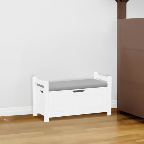 A white rubber wood children's toy box with soft cushioned seats, stools, flip covers, and safety hinges for toy storage - White +MDF