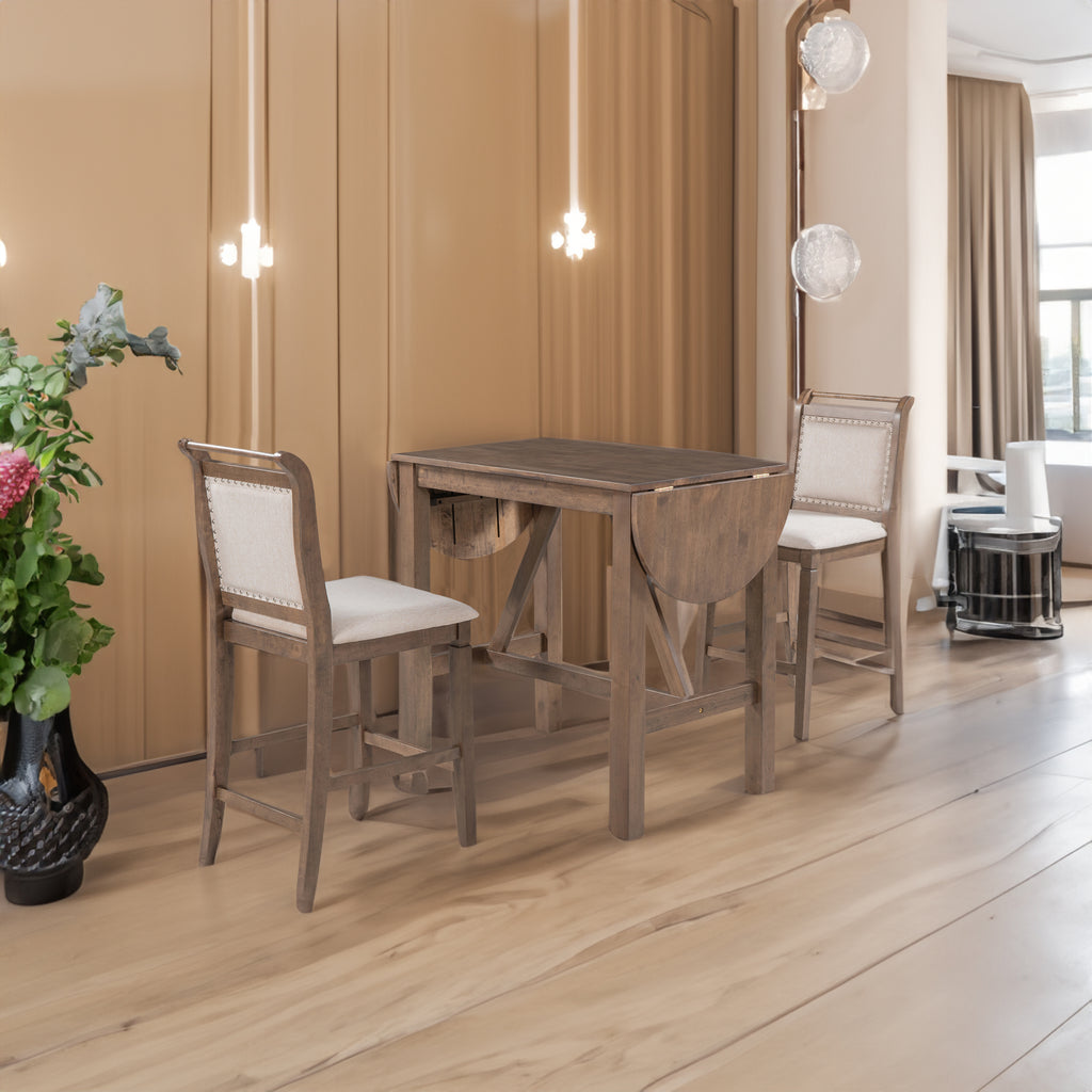 TOPMAX 3-Piece Wood Counter Height Drop Leaf Dining Table Set with 2 Upholstered Dining Chairs for Small Place, Brown - SP000259AAD