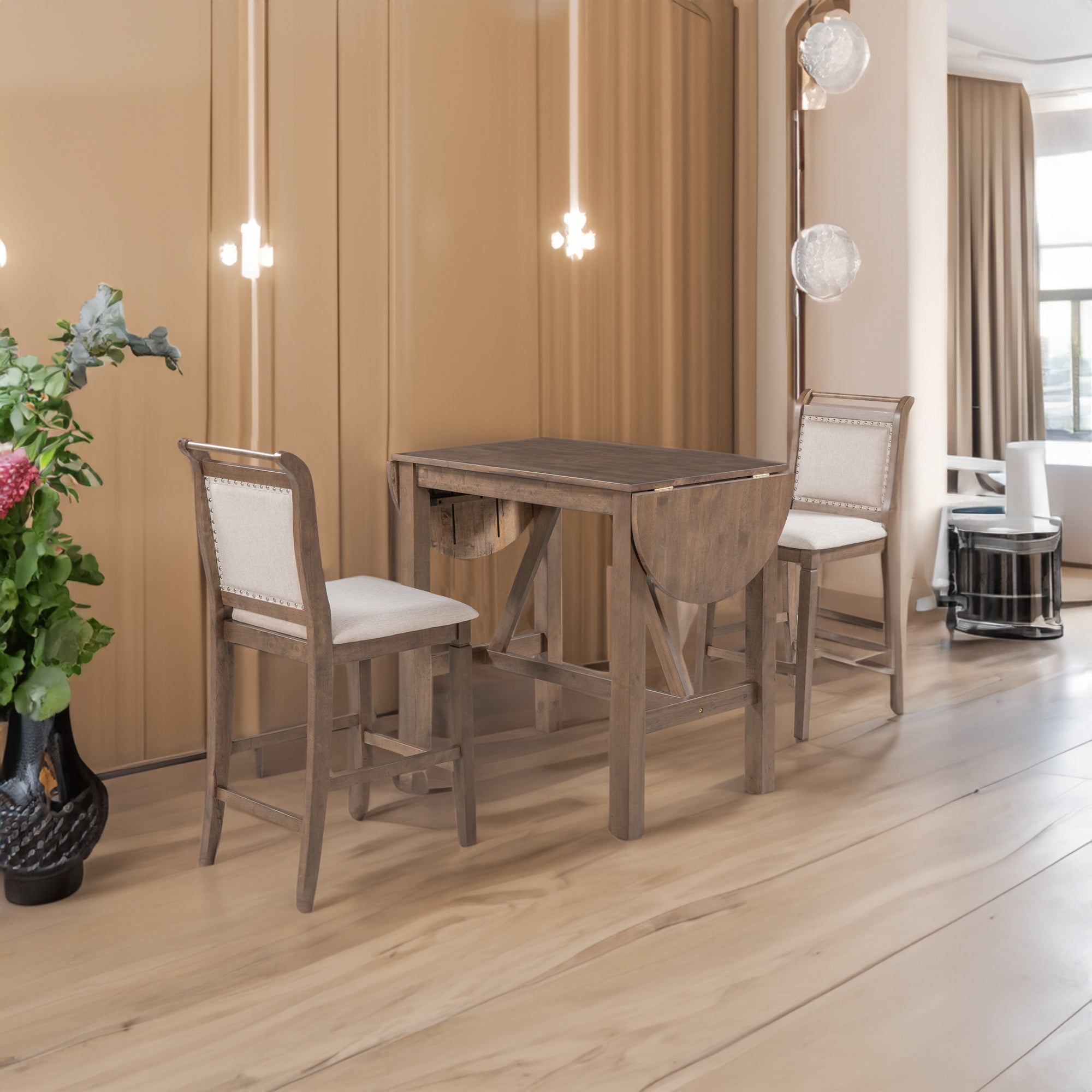 TOPMAX 3-Piece Wood Counter Height Drop Leaf Dining Table Set with 2 Upholstered Dining Chairs for Small Place, Brown - SP000259AAD