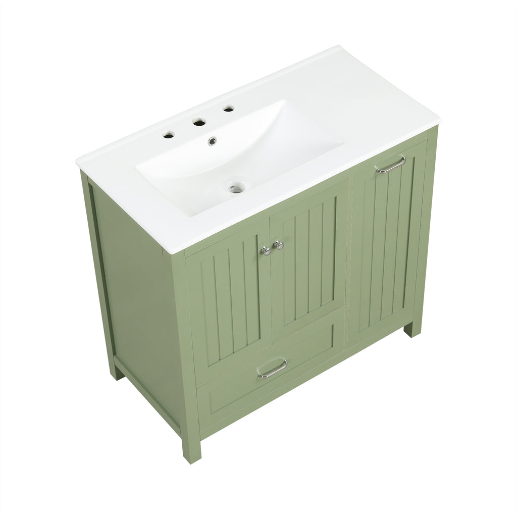 36 inch bathroom vanity with sink, one double door cabinet one large drawer and one flip drawer solid wood and MDF board, green