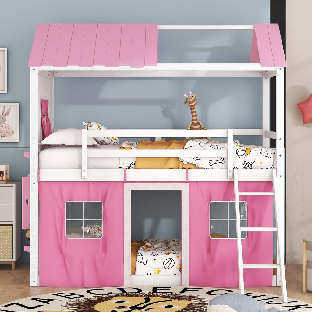 Twin Size Bunk Wood House Bed with Elegant Windows, Sills and Tent, Pink+White - Pink+White + Solid Wood+MDF