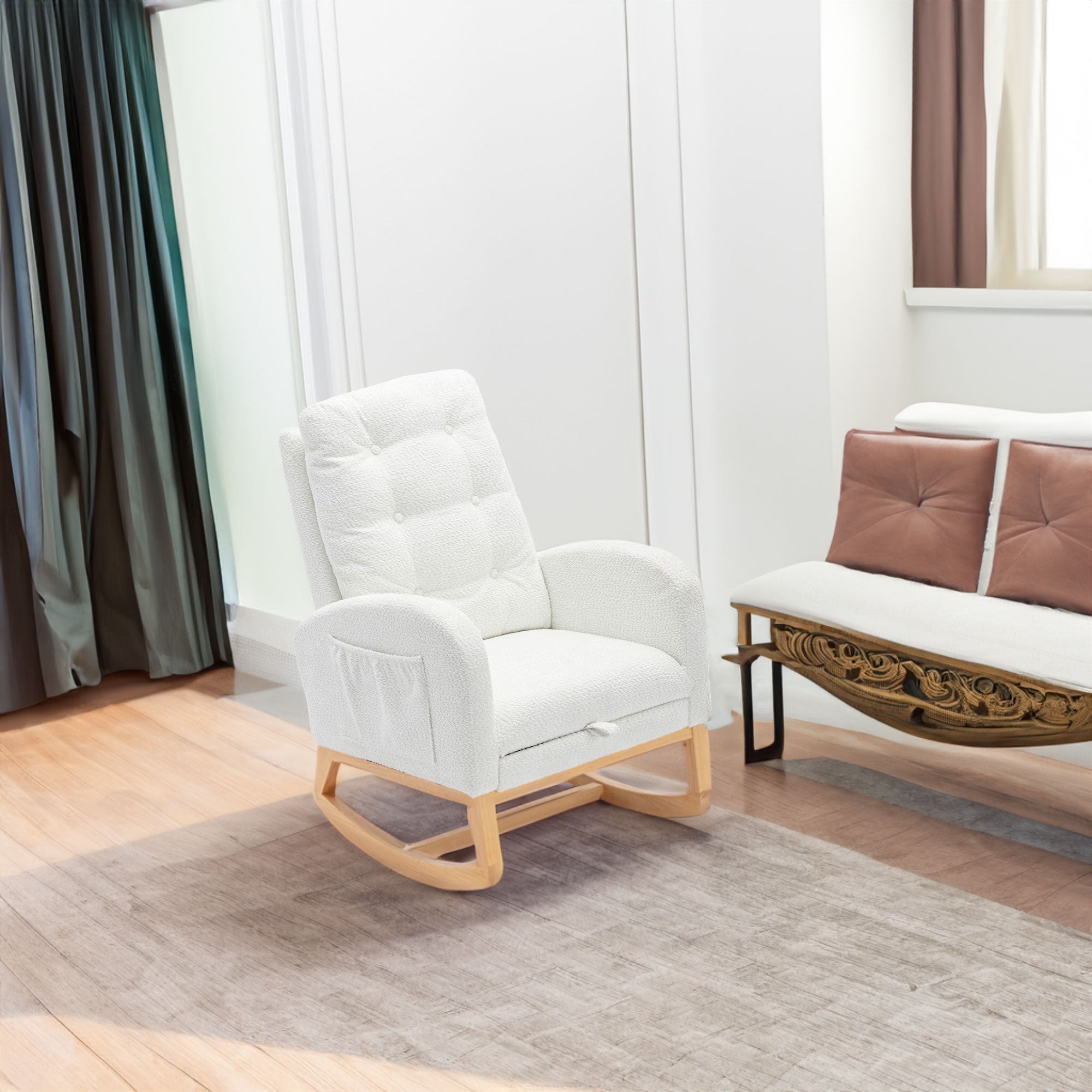 Accent Rocking Chair with Footrest High Back Rubber Wood Rocking Legs Bedroom Living Space 26.77D X 38.36W X 39.76H Inch - White