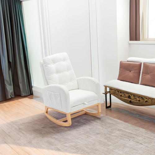Accent Rocking Chair with Footrest High Back Rubber Wood Rocking Legs Bedroom Living Space 26.77D X 38.36W X 39.76H Inch - White