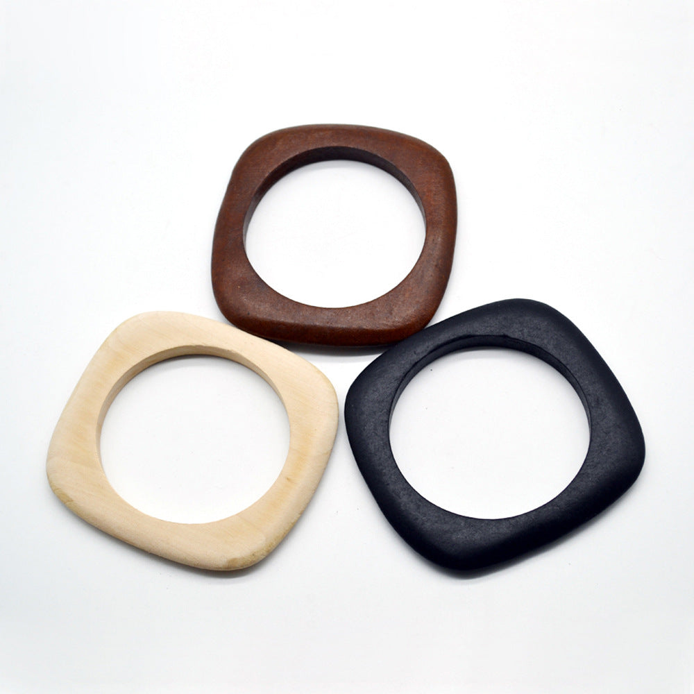 Thick Square Round Wood Bangles Fashion Women Vintage Designer Bracelet Jewelry Gift - brown
