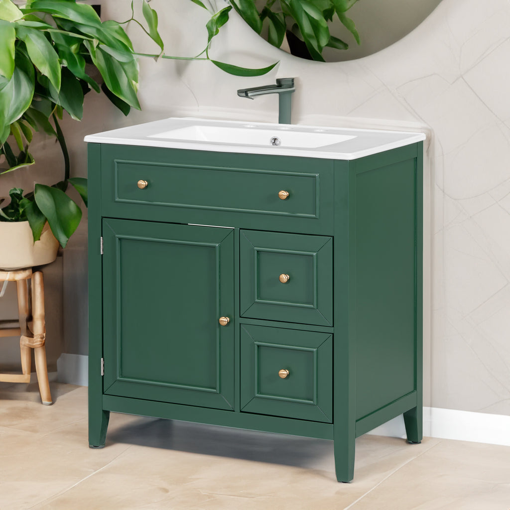 30" Bathroom Vanity with Sink Top, Bathroom Vanity Cabinet with Door and Two Drawers, Solid Wood Frame, One Package, Green - Green + Solid Wood+MDF