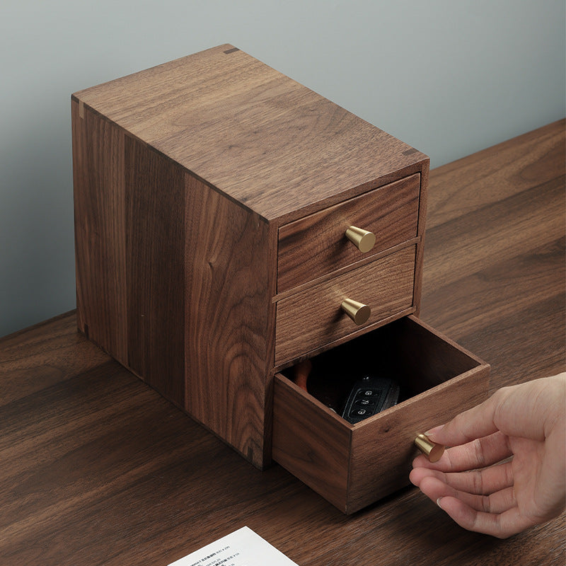 Solid wood drawer desktop storage box black walnut small wooden cabinet