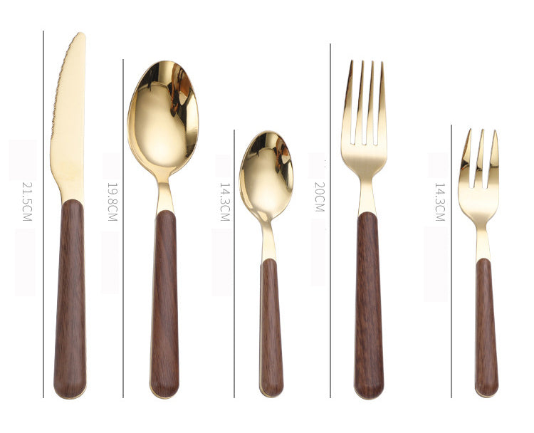 Imitation Wood Handle Steak Stainless Steel Knife Fork Spoon Wood Grain Dessert Spoon Hotel Gold-Plated Tableware Set