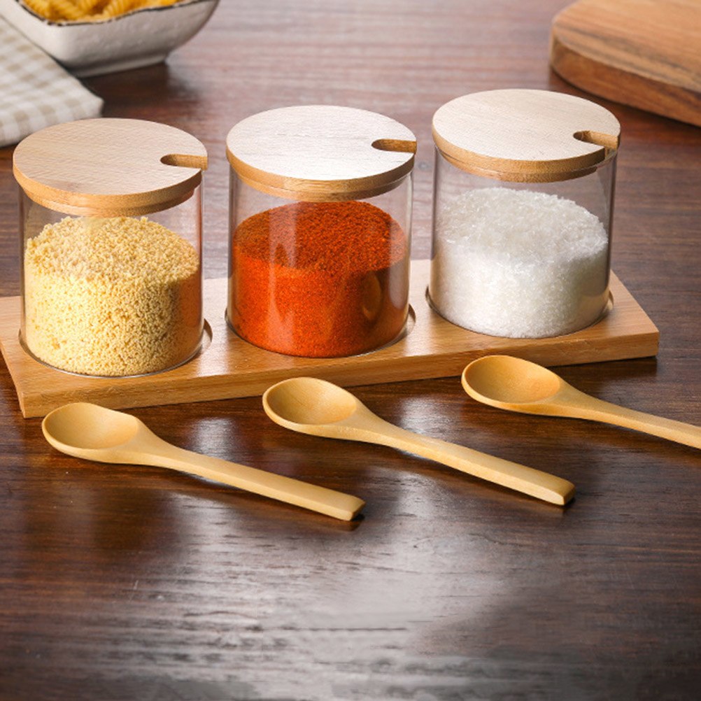 Spice Jars Kitchen Concise Clear Condiment Jars Storage Containers with Wooden Spoon Bamboo Lid