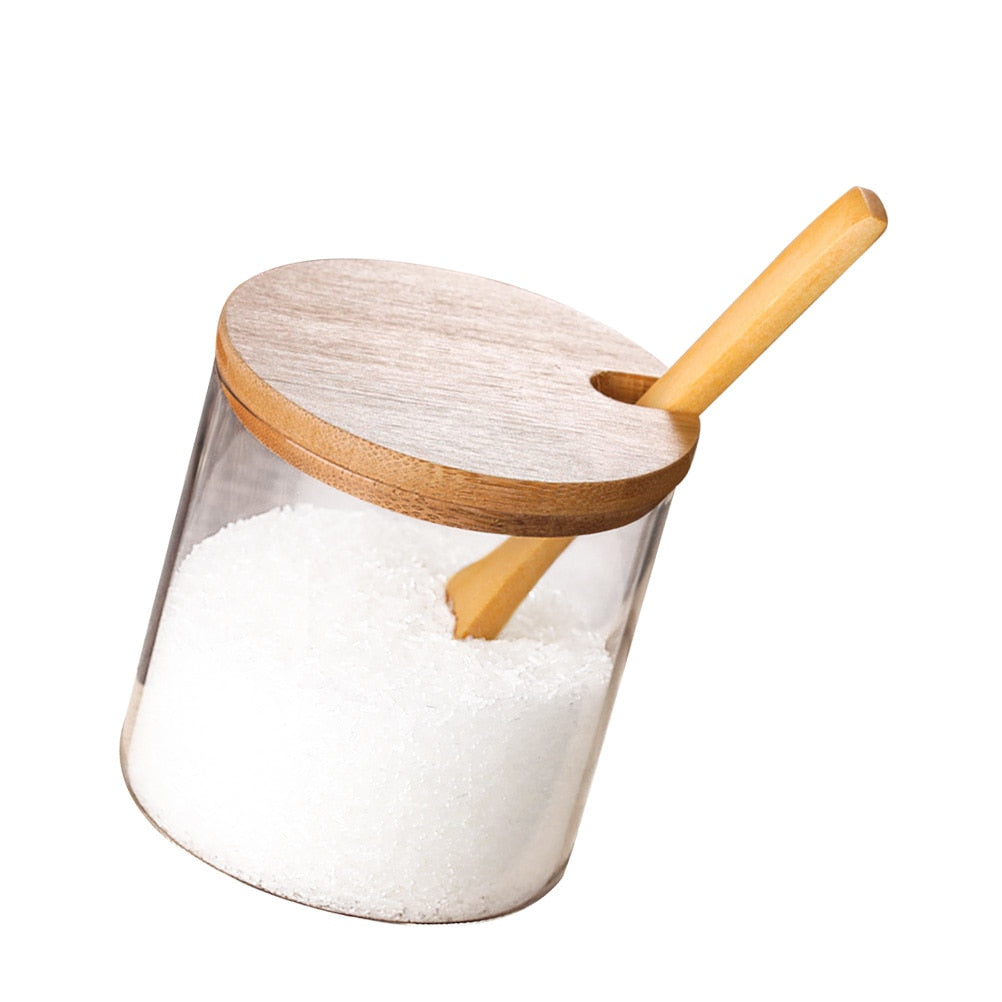 Spice Jars Kitchen Concise Clear Condiment Jars Storage Containers with Wooden Spoon Bamboo Lid