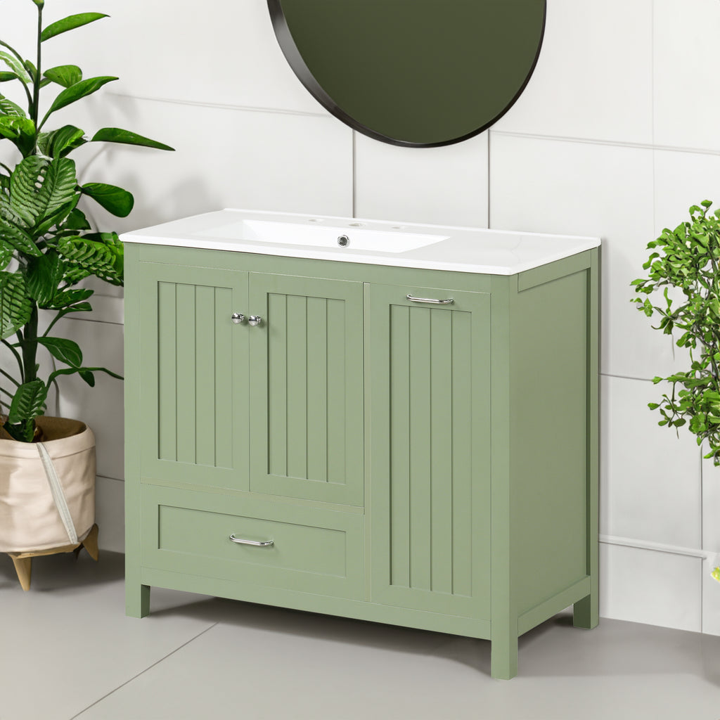 36 inch bathroom vanity with sink, one double door cabinet one large drawer and one flip drawer solid wood and MDF board, green - green