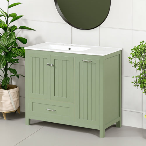 36 inch bathroom vanity with sink, one double door cabinet one large drawer and one flip drawer solid wood and MDF board, green - green