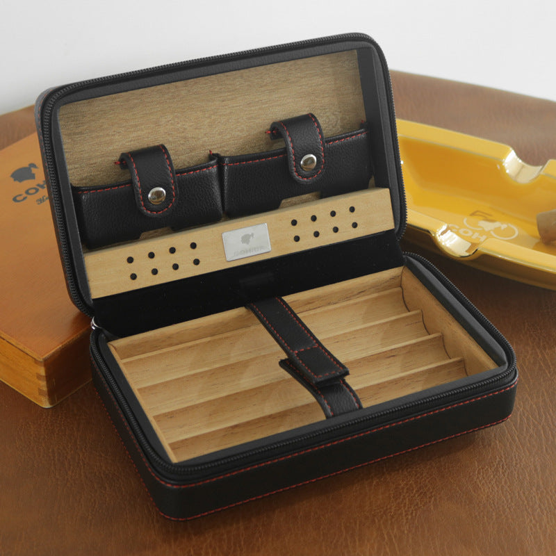 Portable Cigar Box, Cedar Wood Cigar Moisturizing Box, Travel Leather Case, Portable Leather Cigar Humidifying Cigarette Box
