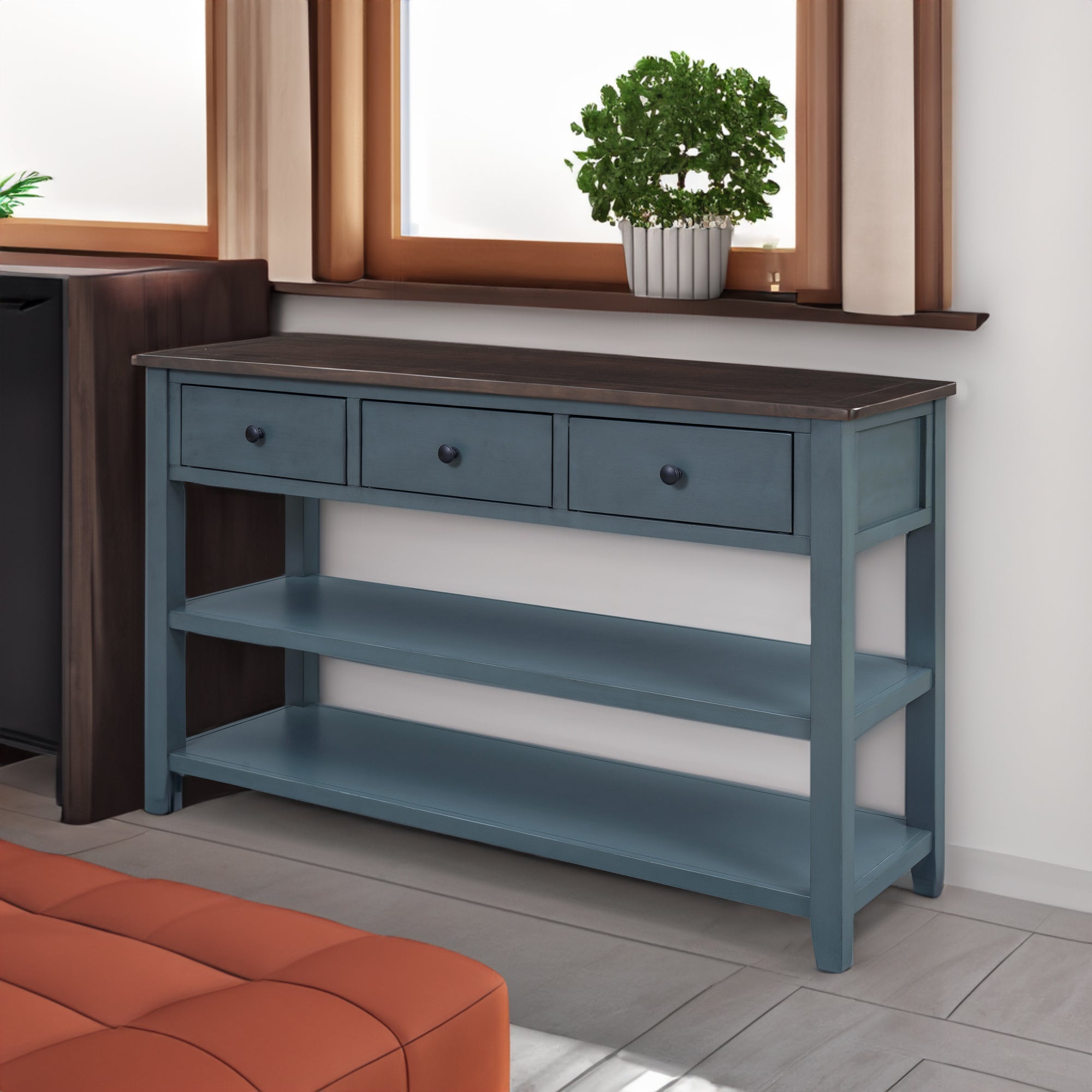 Retro Design Console Table with Two Open Shelves, Pine Solid Wood Frame and Legs for Living Room (Navy) - Navy+Solid Wood