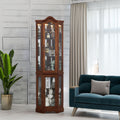 Corner Curio cabinet, adjustable tempered glass frame, rearview mirror, display cabinet, walnut wood (excluding E26 bulbs) - Walnut