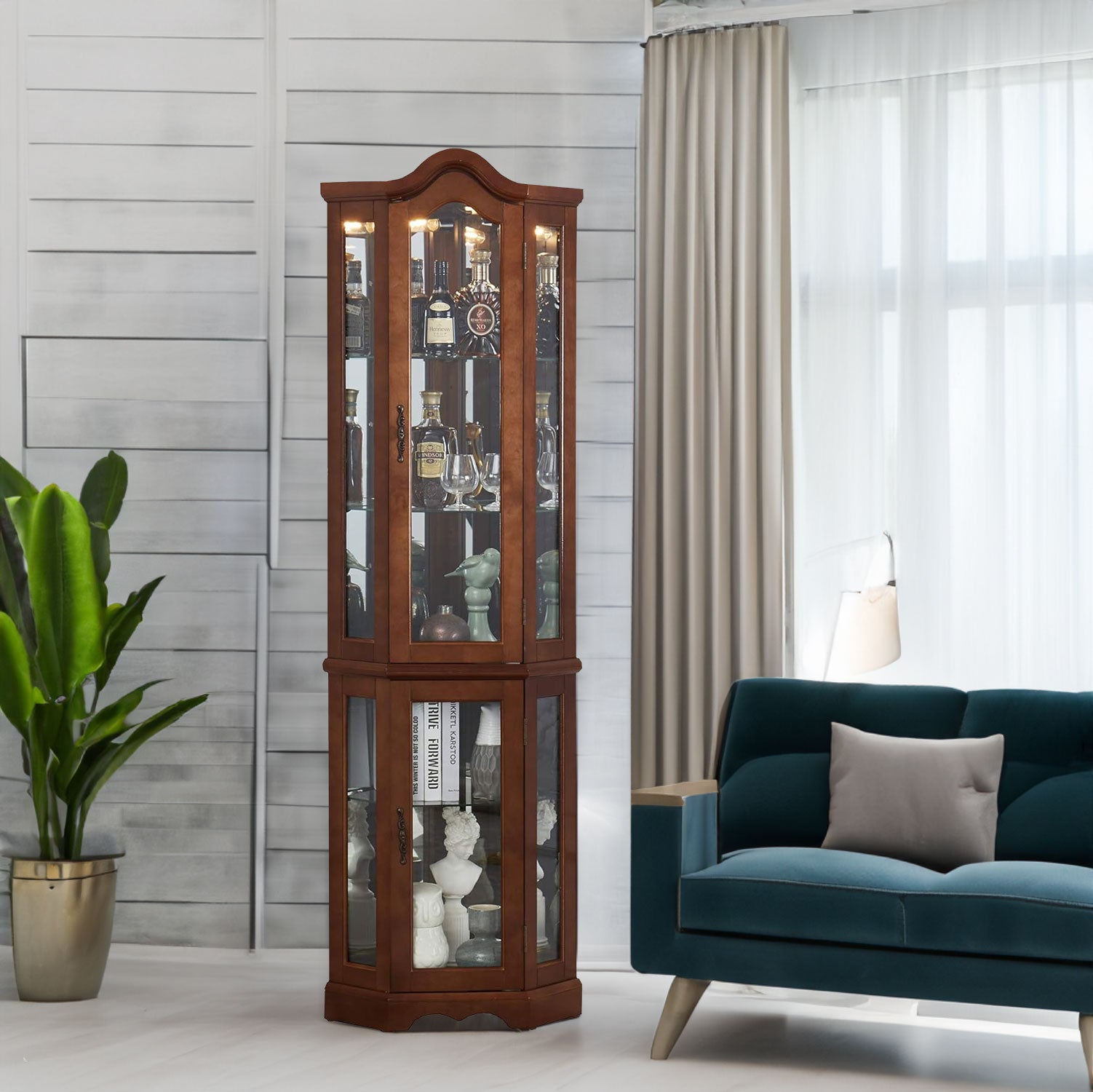 Corner Curio cabinet, adjustable tempered glass frame, rearview mirror, display cabinet, walnut wood (excluding E26 bulbs) - Walnut