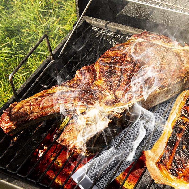 Wood Chips BBQ Smoker Box Indoor Outdoor Smoked Tube Barbecue Grill Meat Infused Smoke Flavor BBQ Accessories Smoker Box - Silver