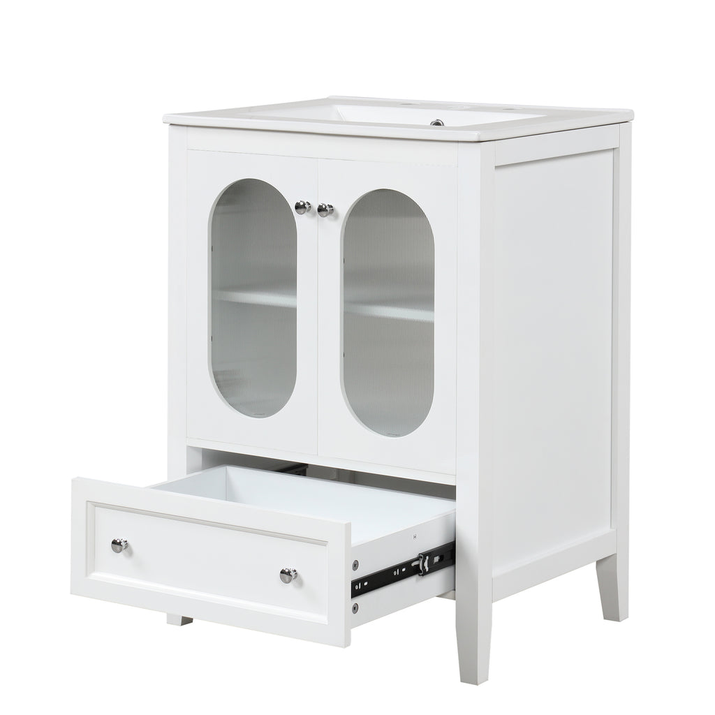 24" Bathroom Vanity with Sink, Bathroom Vanity Cabinet with One Drawer and Doors, Adjustable Shelf, Solid Wood and MDF, White