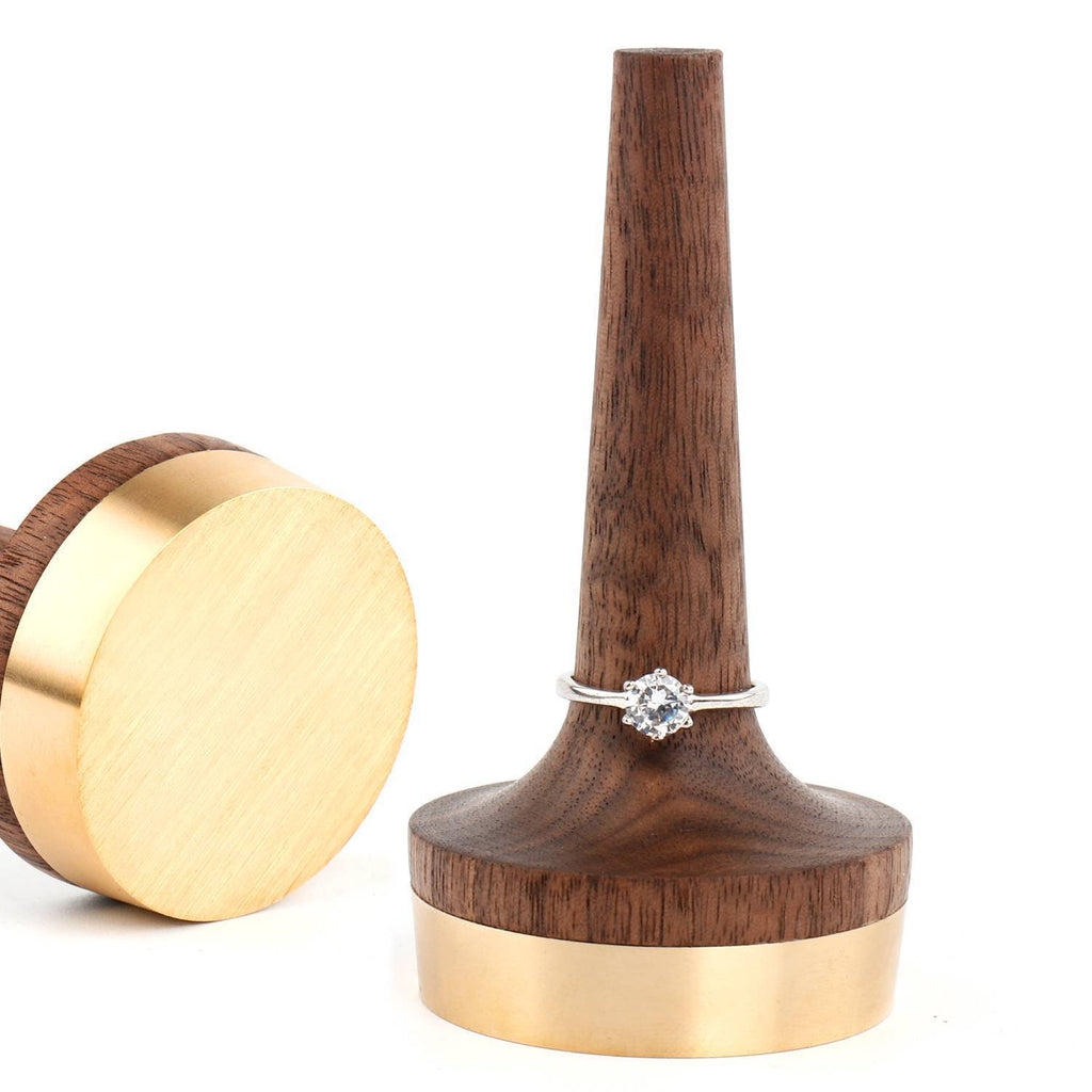 Wooden Walnut &amp; Brass Ring Display Stand, Solid Wood Ring Rack, Custom Logo Printing, Modern Minimalist Style