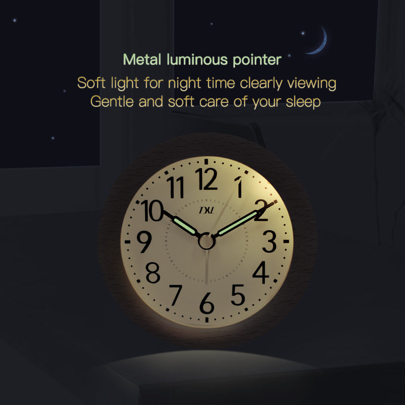 Mini Alarm Clock Wooden Mute Backlit Battery-Powered Round Solid Wood Night Light Alarm Clock