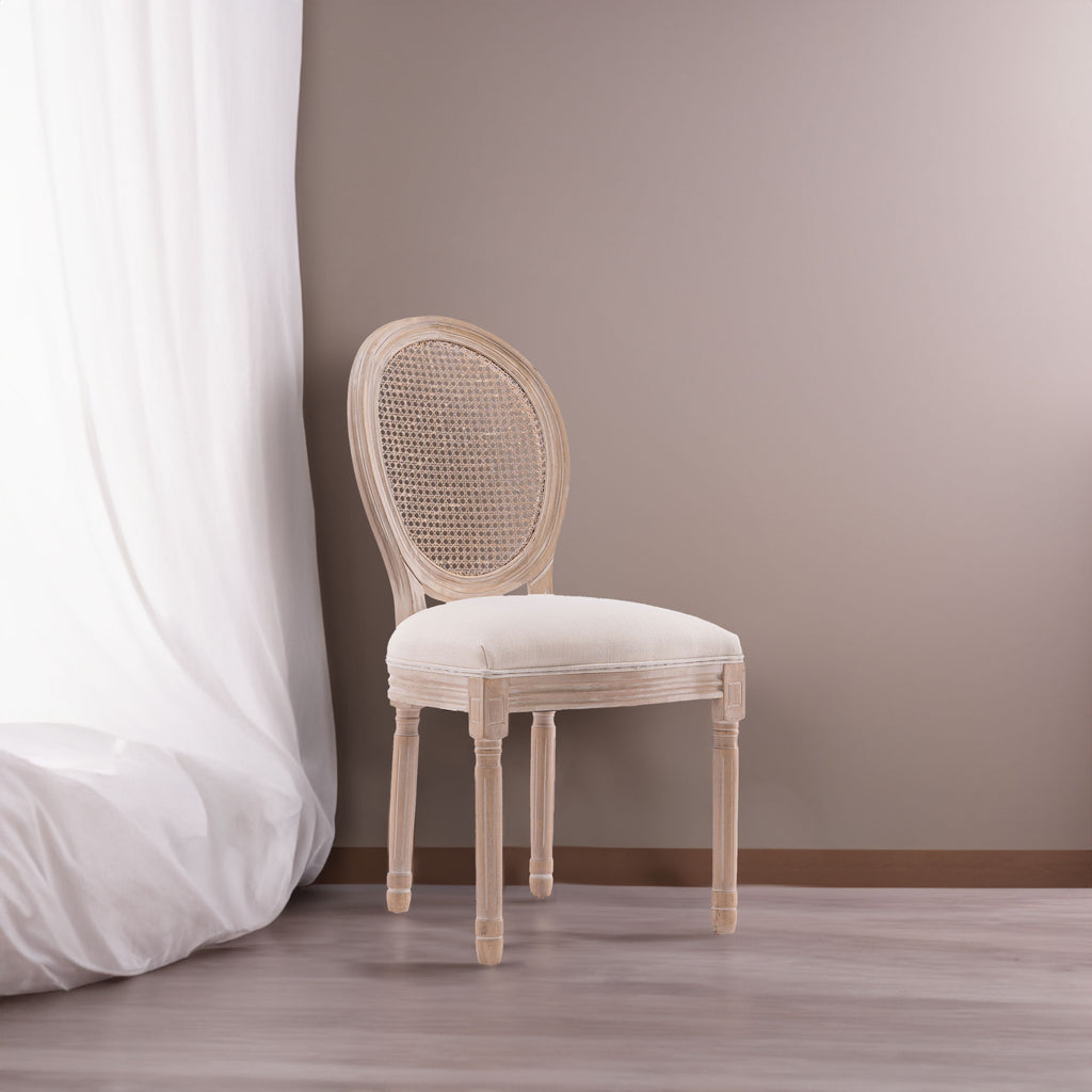 French Style Solid Wood Frame Antique Painting Linen Fabric Rattan Back Dining Chair Set of 2 Cream - Foam + Beige + Foam