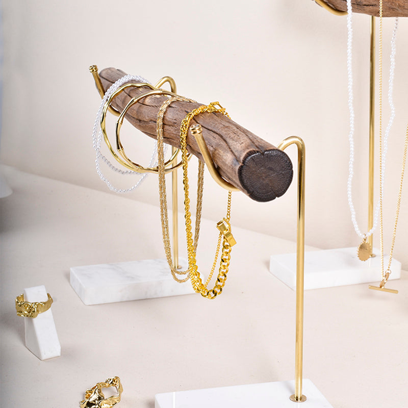 Bracelet Storage Rack Natural Wood And Brass Marble Base Necklace Display Rack