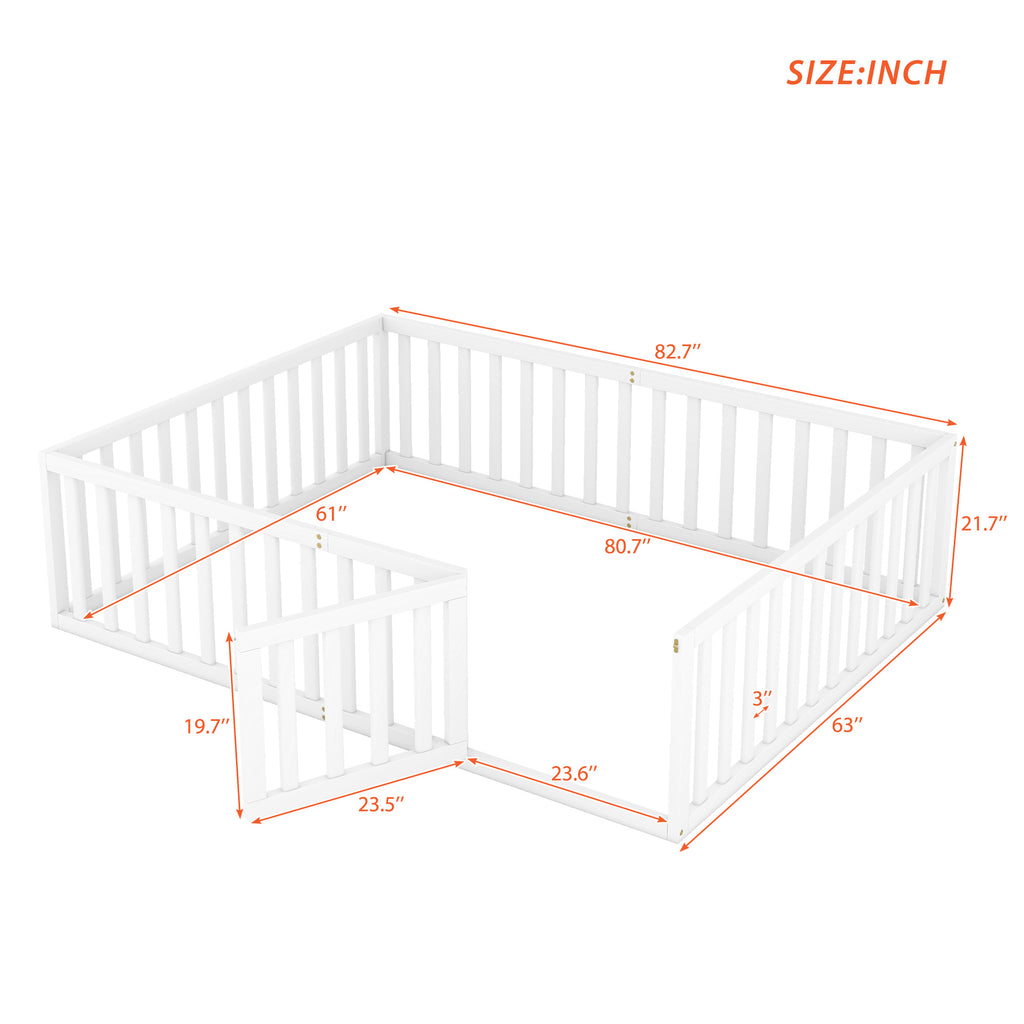 Queen Size Wood Floor Bed Frame with Fence and Door White(OLD SKU:WF289663AAK)