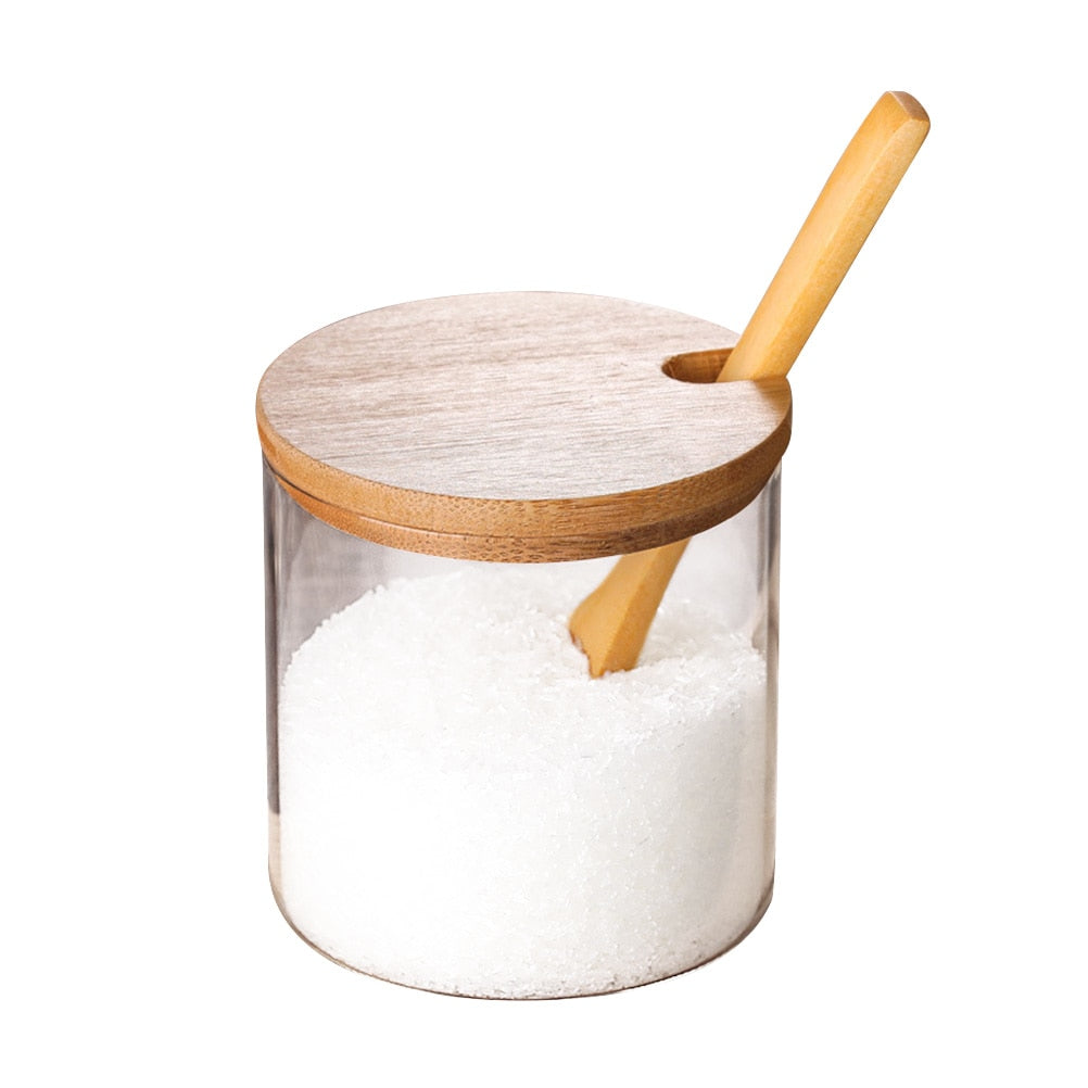 Spice Jars Kitchen Concise Clear Condiment Jars Storage Containers with Wooden Spoon Bamboo Lid - 1  Set