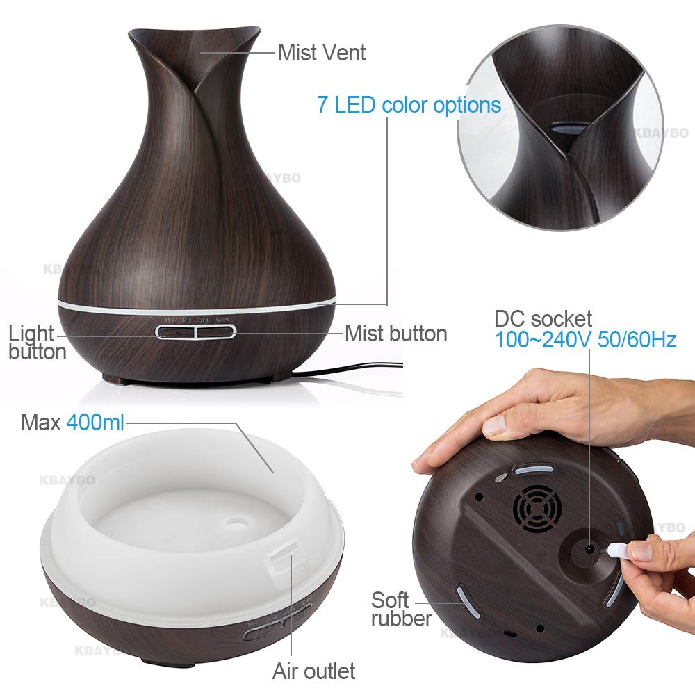 Aroma Essential Oil Diffuser Ultrasonic Air Humidifier with Wood Grain 7 Color Changing LED Lights for Office Home 400ml