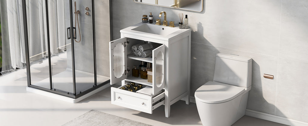 24" Bathroom Vanity with Sink, Bathroom Vanity Cabinet with One Drawer and Doors, Adjustable Shelf, Solid Wood and MDF, White