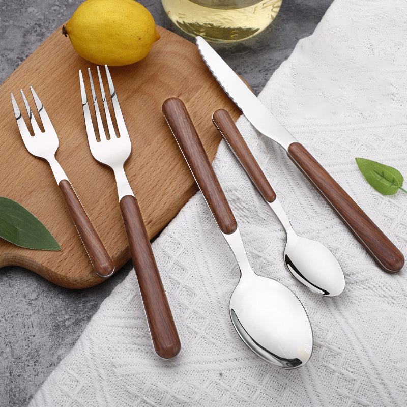 Imitation Wood Handle Steak Stainless Steel Knife Fork Spoon Wood Grain Dessert Spoon Hotel Gold-Plated Tableware Set
