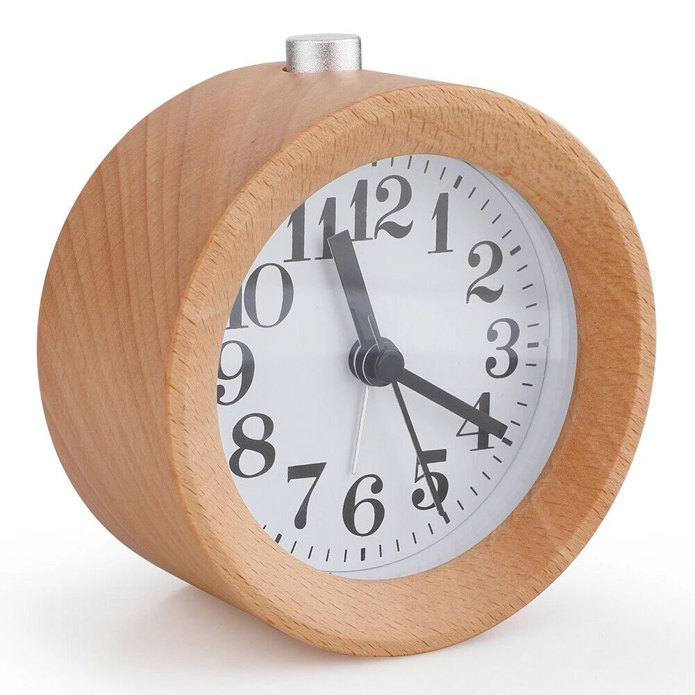 Mini Alarm Clock Wooden Mute Backlit Battery-Powered Round Solid Wood Night Light Alarm Clock - Wood color