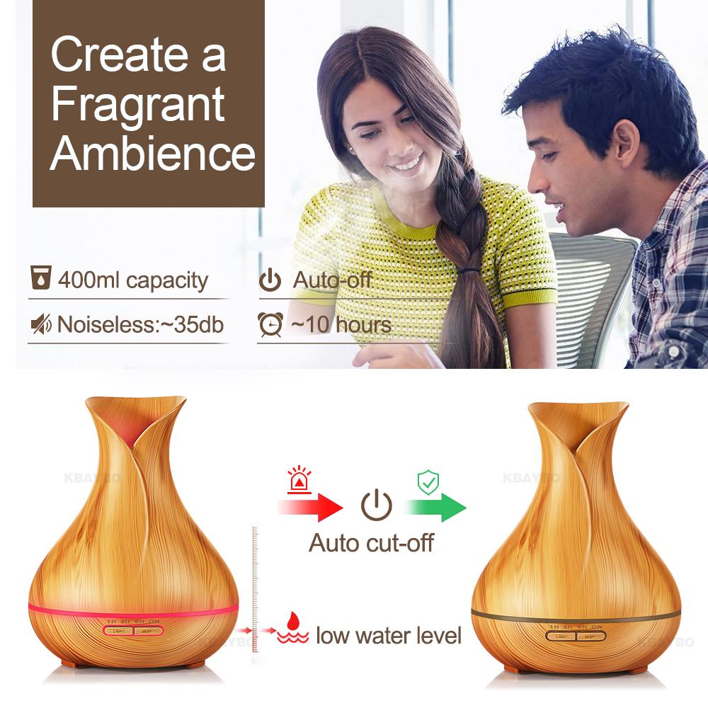 Aroma Essential Oil Diffuser Ultrasonic Air Humidifier with Wood Grain 7 Color Changing LED Lights for Office Home 400ml