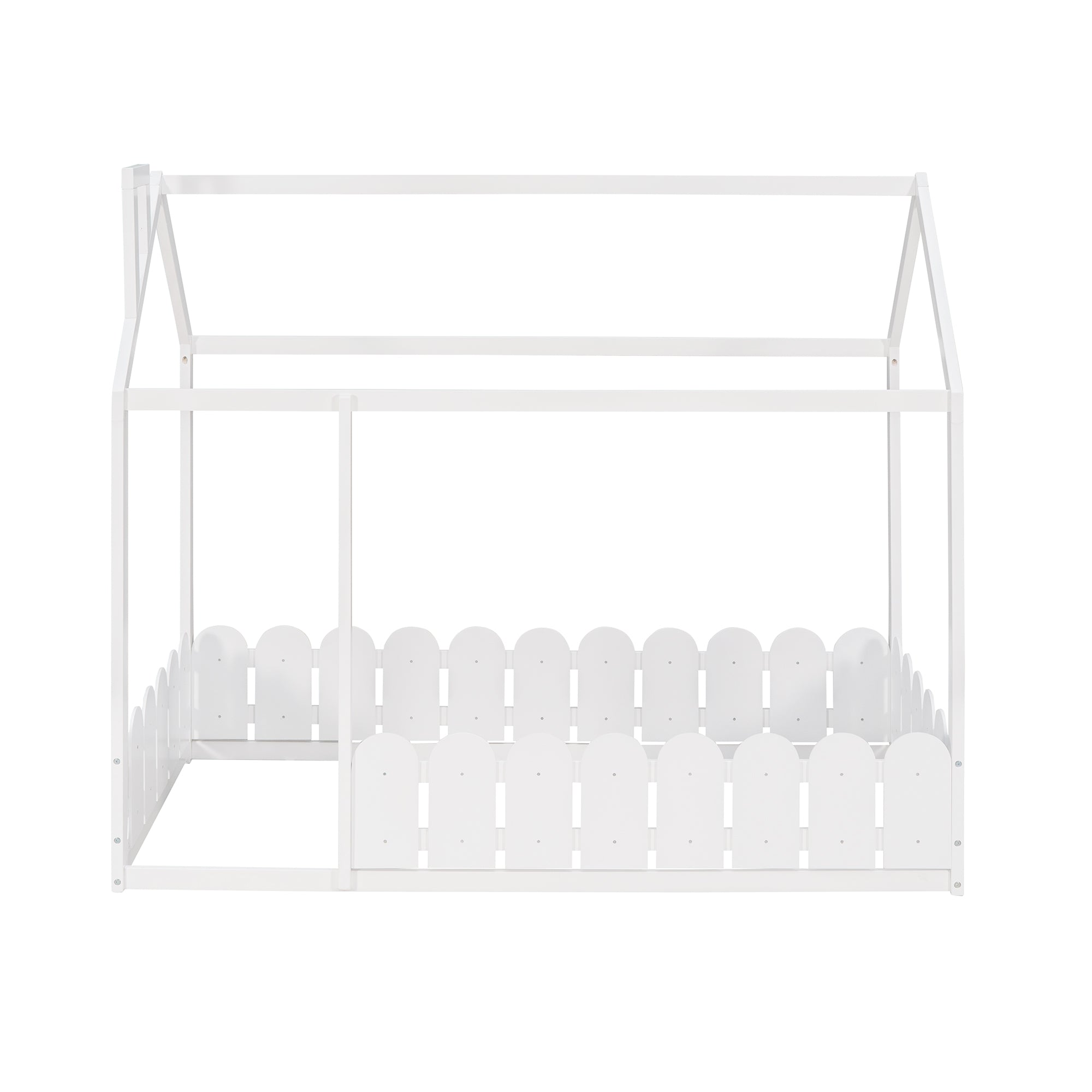 {Slats are not included}Twin Size Wood Bed House Bed Frame with Fence for KidsTeens Girls Boys {White}